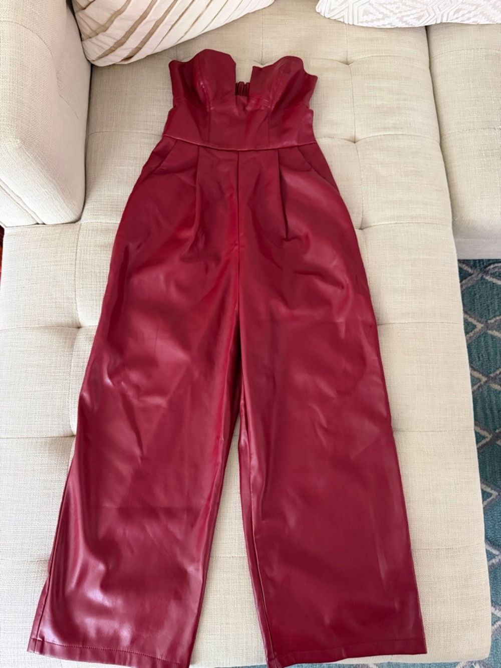 Susana Monaco Strapless Faux Leather Jumpsuit in Wine Red